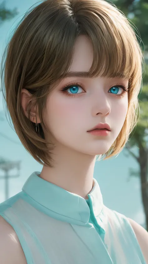 a beautiful girl on sidewalk, collared shirt, bob cut messy hair and whiteblue, aqua eyes, melancholy expression, white eyes, br...