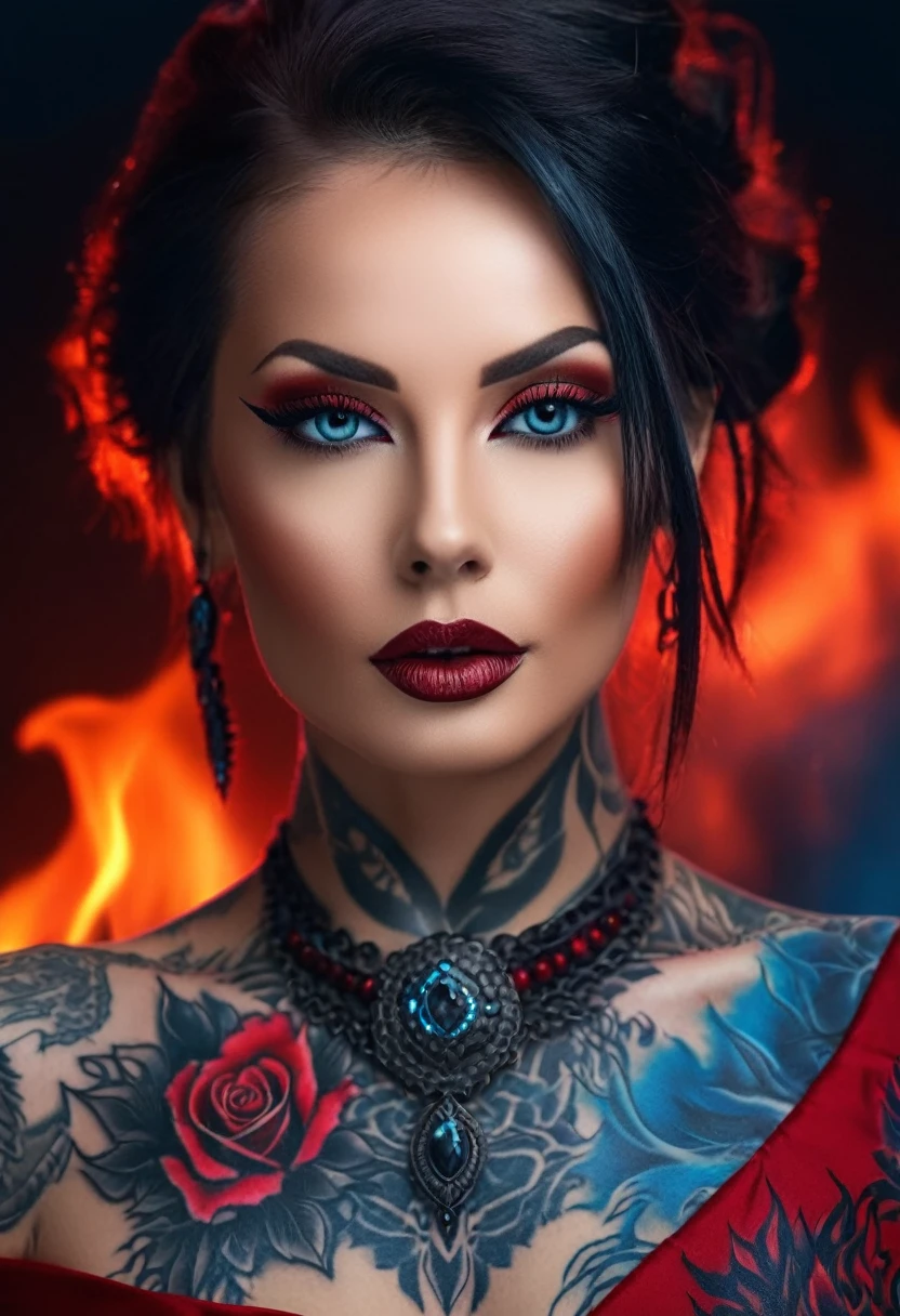 a beautiful  woman in fire dress, in the style of dark black and red, tattoo, uhd image, body extensions, dark crimson and sky-blue