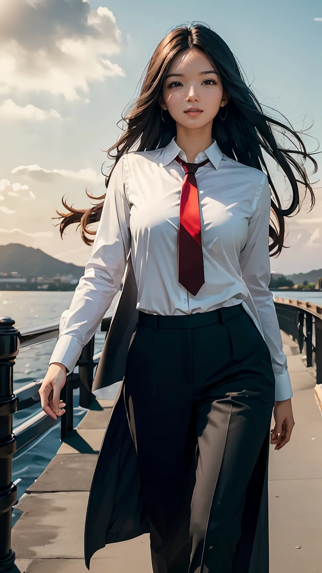 ((Masterpiece, best quality, very detailed), Volumetric light, surrounding occlusion, Rich and colorful, glow), 1 woman, , young girl, (Smooth black), long hair, radius, sacred, goddess, CEO Luke, (black suit, White shirt and red tie:1.3), long black coat, ((a green wind orb on hand)), outdoor, sunset, sky, cloud, (Fantasy Theme:1.2), (full body:0.8)