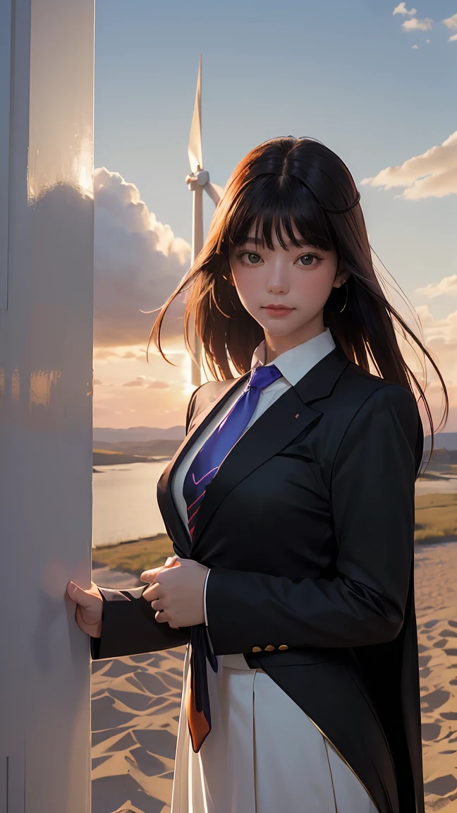 ((Masterpiece, best quality, very detailed), Volumetric light, surrounding occlusion, Rich and colorful, glow), 1 woman, lonely, young girl, (Black bangs), long hair, radius, wind energy, sacred, goddess, CEO vibe, (suit with necktie:1.3), armor, outdoor, sunset, sky, cloud, space, (Fantasy Theme:1.2),