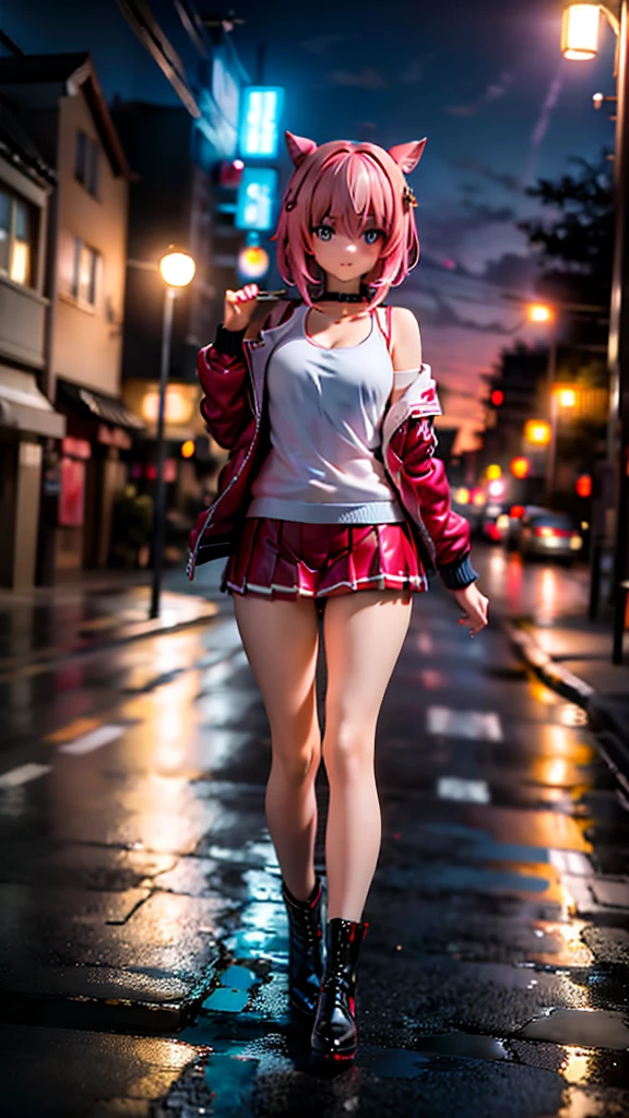 masterpiece, Highest quality,, Maruzensky (umamusume),, Red knee socks, Red jacket, Pleated skirt, Red Skirt, Long sleeve, choker, Red Shirt, Open jacket, White ribbon, Open clothes, High heel boots, Asphalt road, running, Traces of Gaze, Night Sky, neon, From above,, 