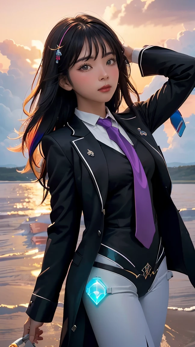 ((Masterpiece, best quality, very detailed), Volumetric light, surrounding occlusion, Rich and colorful, glow), 1 woman, lonely, young girl, (Black bangs), long hair, radius, wind energy, sacred, goddess, CEO vibe, (suit with necktie:1.3), armor, outdoor, sunset, sky, cloud, space, (Fantasy Theme:1.2),