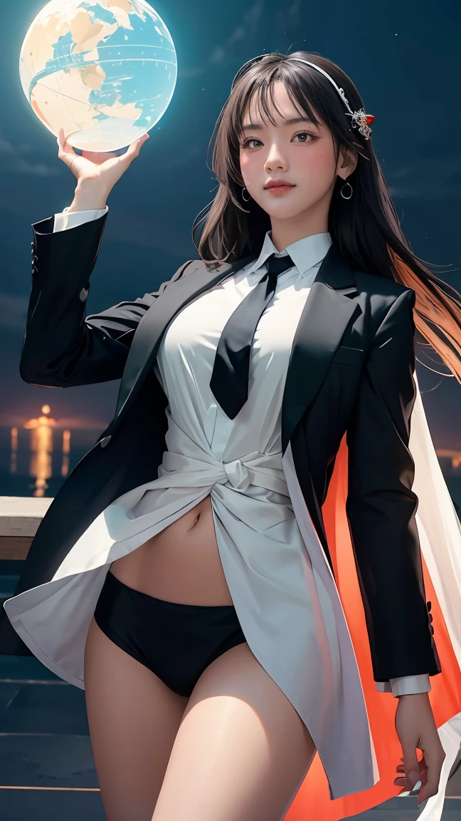 ((Masterpiece, best quality, very detailed), Volumetric light, surrounding occlusion, Rich and colorful, glow), 1 woman, , young girl, (Smooth black), long hair, radius, sacred, goddess, CEO Luke, (black suit, White shirt and red tie:1.3), long black coat, ((a green wind orb on hand)), outdoor, sunset, sky, cloud, (Fantasy Theme:1.2), (full body:0.8)