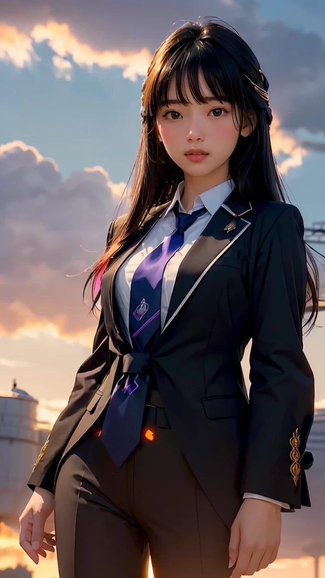 ((Masterpiece, best quality, very detailed), Volumetric light, surrounding occlusion, Rich and colorful, glow), 1 woman, lonely, young girl, (Black bangs), long hair, radius, wind energy, sacred, goddess, CEO vibe, (suit with necktie:1.3), armor, outdoor, sunset, sky, cloud, space, (Fantasy Theme:1.2),