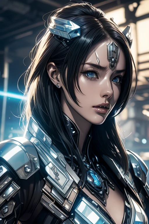 (cyber punk, Clockpunk, Dieselpunk, steampunk), pearl、Platinum、Beautiful woman in crystal armor, Background Diverse Punk, Cool Beauty, Glamorous proportions, (Super detailed, The absolute solution, Highest quality:1.3), 2.5D, Subtle and dynamic effects, Rainbow lighting effect, Artistic photography, Ultra-realistic