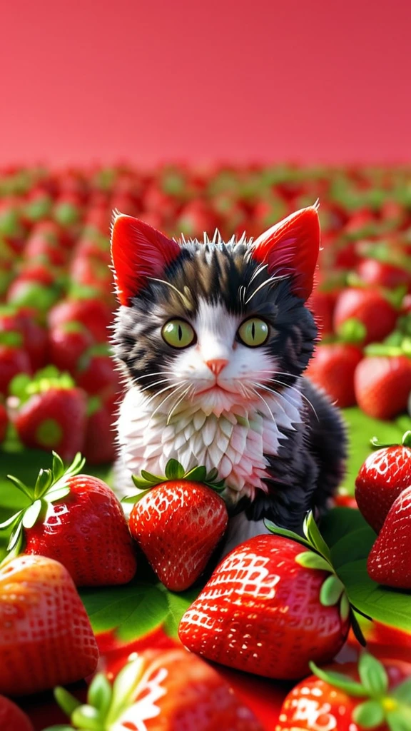 strwbrrxl, multi breed cat, detailed realistic close up of a  colourful strawberry shaped like a cat, sitting, eating strawberry, strawberry field background, natural light, strwbrrxl, High Resolution, Looking at viewer, HD, Super Detailed, Multiple Views, 3D Rendering, Hood, Abstract Expressionism, Accurate, 