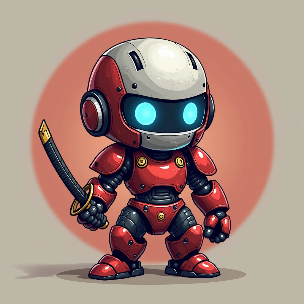 Create a square avatar icon with a chibi samurai robot seen from the front, maintaining a tone of realism. The robot must be small and cute, with typical chibi features, but with a realistic level of detail in the armor and accessories. Use a red and silver color palette for the armor., applying a metallic, textured finish that reflects light realistically. The robot must have bright blue eyes, with a glow effect that suggests depth and advanced technology. In one hand, the robot must be holding a detailed and realistic katana. The icon background should be simple and uniform to ensure the chibi samurai robot stands out clearly within the square format..
