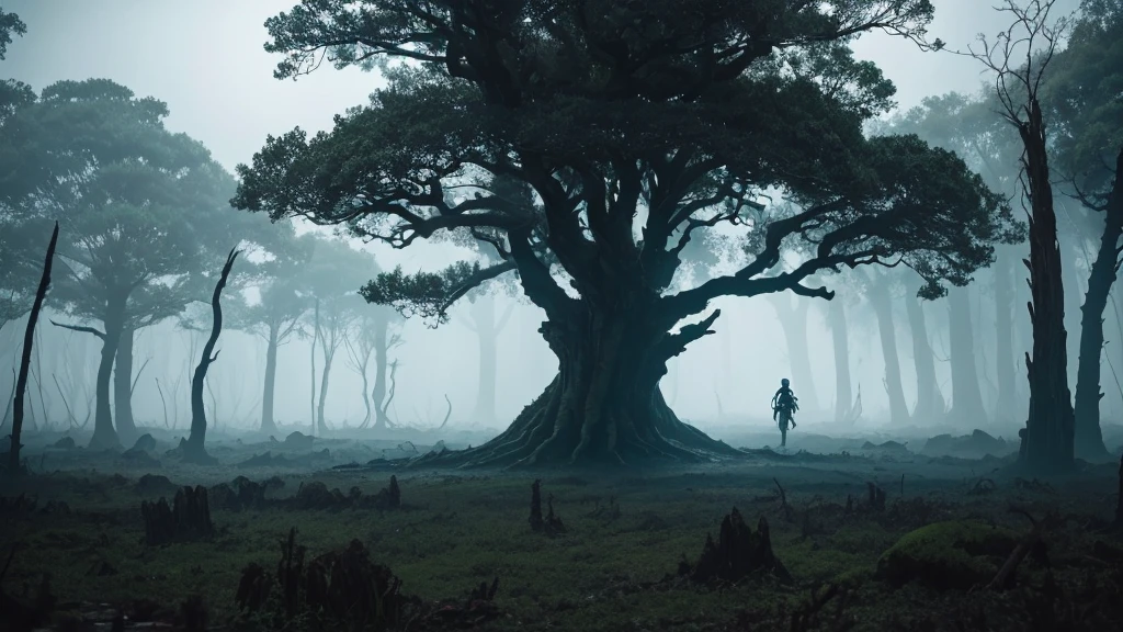 
In a desolate, sunless world, a lone warrior traverses a mist-laden forest, where the twisted trees loom like skeletal hands. The ground is strewn with remnants of a forgotten civilization—ruined temples and shattered statues whispering of long-lost gods. As the warrior ventures deeper, the air thickens with a chilling darkness, and an ancient entity awakens from the shadows. This monstrous being, with hollow eyes and a body composed of writhing tendrils, stalks the warrior, feeding on the fear and despair that saturates the land. The warrior’s only hope lies in confronting this nightmare, knowing that defeat would mean eternal ensnarement in the entity’s void.