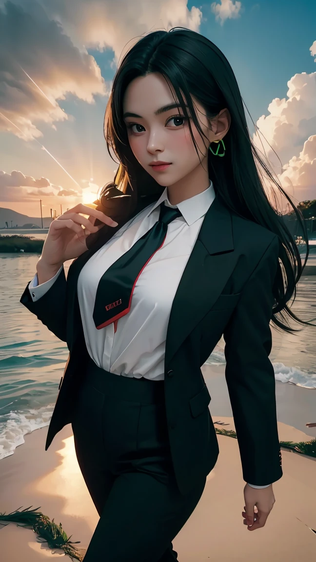 ((Masterpiece, best quality, very detailed), Volumetric light, surrounding occlusion, Rich and colorful, glow), 1 woman, , young girl, (Smooth black), long hair, radius, sacred, goddess, CEO Luke, (black suit, White shirt and red tie:1.3), long black coat, ((a green wind orb on hand)), outdoor, sunset, sky, cloud, (Fantasy Theme:1.2), (full body:0.8)