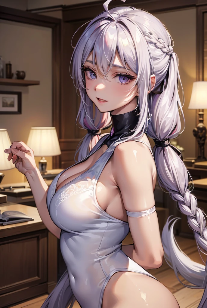 ((masterpiece)), ((Best quality)), (high resolution), (illustration), (an extremely delicate and beautiful), (ultra detailed beautiful face and eyes), nsfw,   1girl, leaning forward,  YukineChris, long hair, purple eyes, twintails, low twintails, ahoge, large breasts,volumetric lightning, 
detailed skin texture, detailed, volumetric shadow, anime screencap,Highest quality, Sorceress, ancient babylonian nobility, ((tan skin:1.2)), (brown skin color),Long hair, twin braids, hair ornament, wine colored hair, smile, Below average size breasts, bare shoulders, Leg spread、Groin、Yukine Chris、Wet condition
nude、Wet_shirt,Wet _underwear、tear_underwear
8K, masterpiece, Best_quality, high_resolution, ultra_details, detailed, 1girl, 独奏, looking_at_viewer, upper_body, braid, bangs, white_hair, hair_ribbon, hair_between_eyes, 
sidelocks,depth_of_field,light_particles,、french_braid, sharp focus, perfect hands, perfect face, perfect eyes, perfect light, dynamic light, natural light, Masterpiece, Best quality, 
