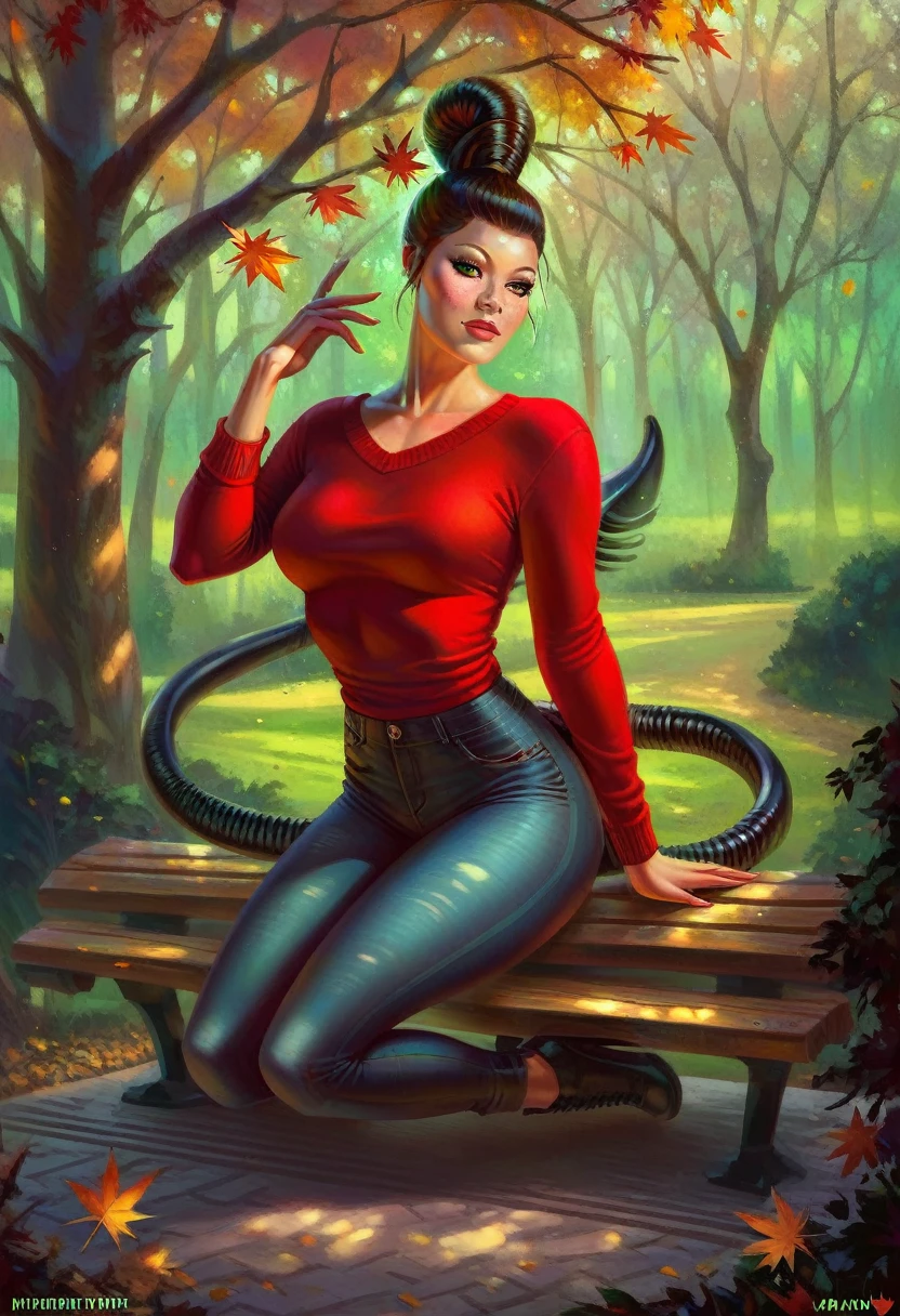 score_9, score_8_up, score_7_up, score_6_up, score_5_up, score_4_up, best aesthetic,high quality, female xenomorph sitting on a green park bench in red sweater and jeans, lips, (tail up:1.5), daylight, autumn trees and leaves, wide shot, cinematic, full body, summer
