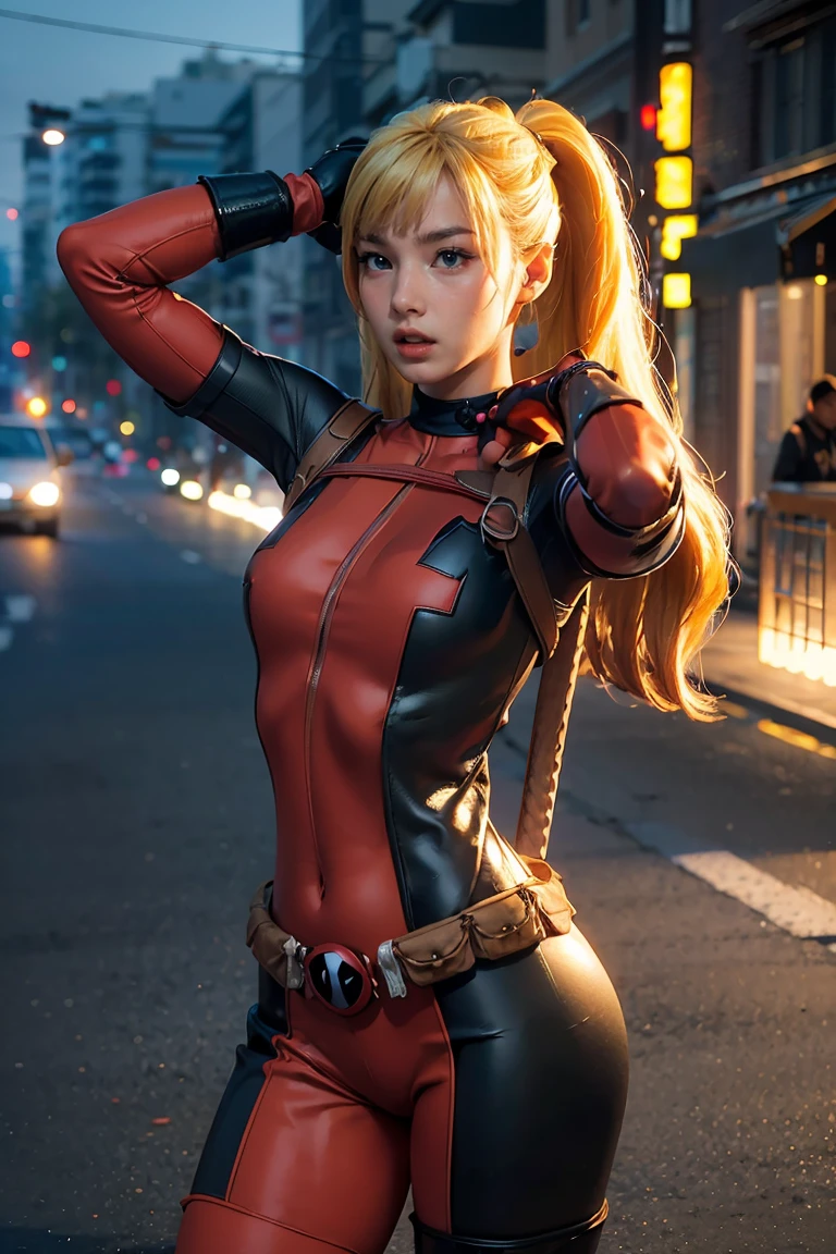 (((3d,CGI))) “cartoon art-style” realistic portrait of a sexy and busty female superhero character in the style of Deadpool, I have blonde hair., Wear tight clothing., holding a sword, Pose seductively and confidently, It is large, good figure., (best quality,4K,8ก,height,Masterpiece:1.2),Very detailed,(realistic,photorealistic,photo-realistic:1.37),Very detailed,Beautifully detailed eyes,Beautifully detailed lips,ดวงตาและใบหน้าที่มีรายVery detailed,Long eyelashes,Intricate costume details,dynamic light,Stunning shadow,bright colors,movie elements, waliking on the road,