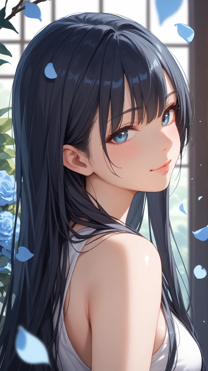 score_9, score_8_up, score_7_up, Girl's profile picture, black long hair with bangs, light blue petals on cheeks, skin texture, detailed picture, halfbody, looking at viewer, blush 