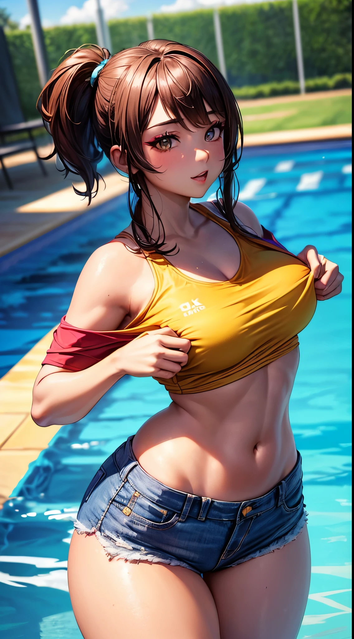 ((high detailed, best quality, 4k, masterpiece, hd:1.3)), ((best quality)), (((HD))), (((8k))), (ultraDH), (ultra HD), Misty cosplay, poke-trainer, short ginger hair, european skin tone, gorgeous make-up, small breasts, outdoor swimming pool, wearing yellow crop-top and tight jean cutoffs, gorgeous slender feminine body, T-pose, thighs out, (sporty hottie:1.5), (breasts focus), (from front:1.3), (from abovee:1.1), (shoulders out:1.3), (thighs out:1.3), (breast out:1.3), (off shoulder:1.2), (heavy colorful makeup), (perfect hands, perfect anatomy)