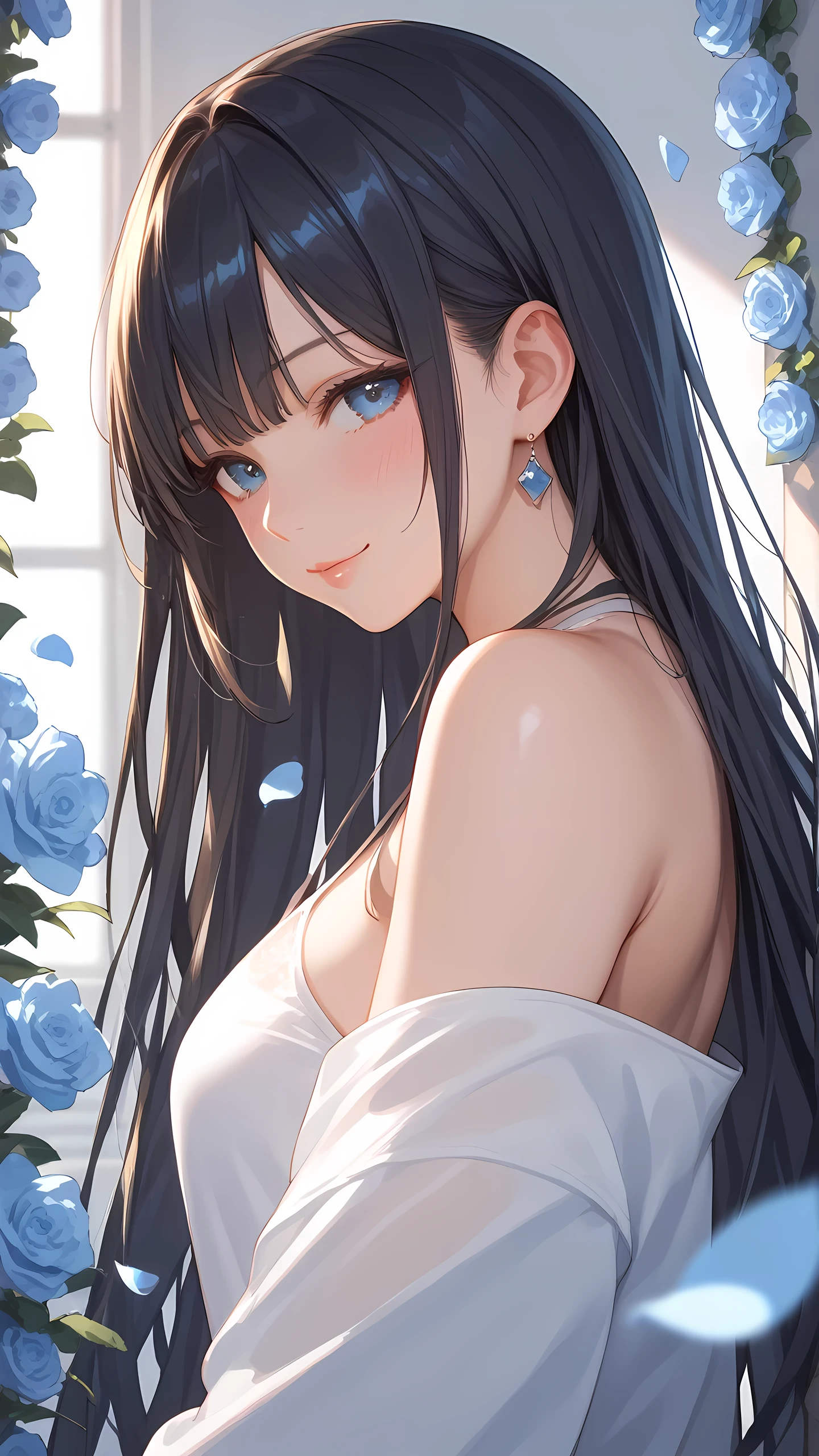 score_9, score_8_up, score_7_up, Girl's profile picture, black long hair with bangs, light blue petals on cheeks, skin texture, detailed picture, halfbody, looking at viewer, blush 