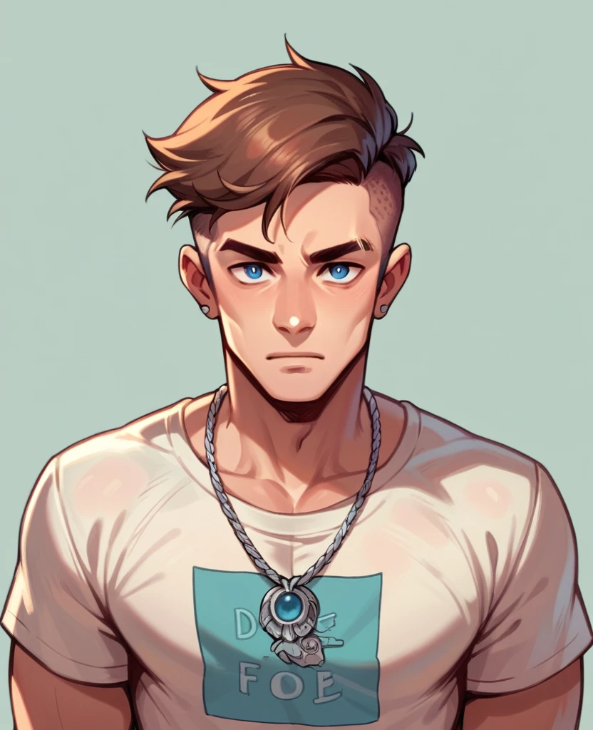 Human Male 23 Years, Brown pixie cut Side Hair Style  , blue pupils , white t-shirt ,Silver necklace