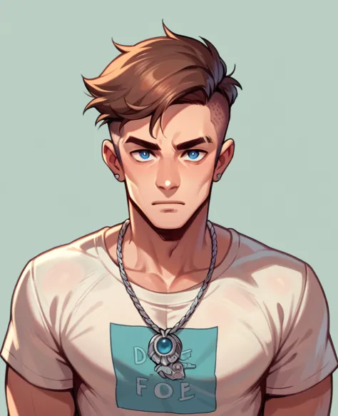 human male 23 years, brown pixie cut side hair style  , blue pupils , white t-shirt ,silver necklace