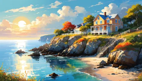 яркий sunlight, unearthly, bright colors, coastal landscapes, old house by the sea, rocky shore, reflections on the water, теплы...