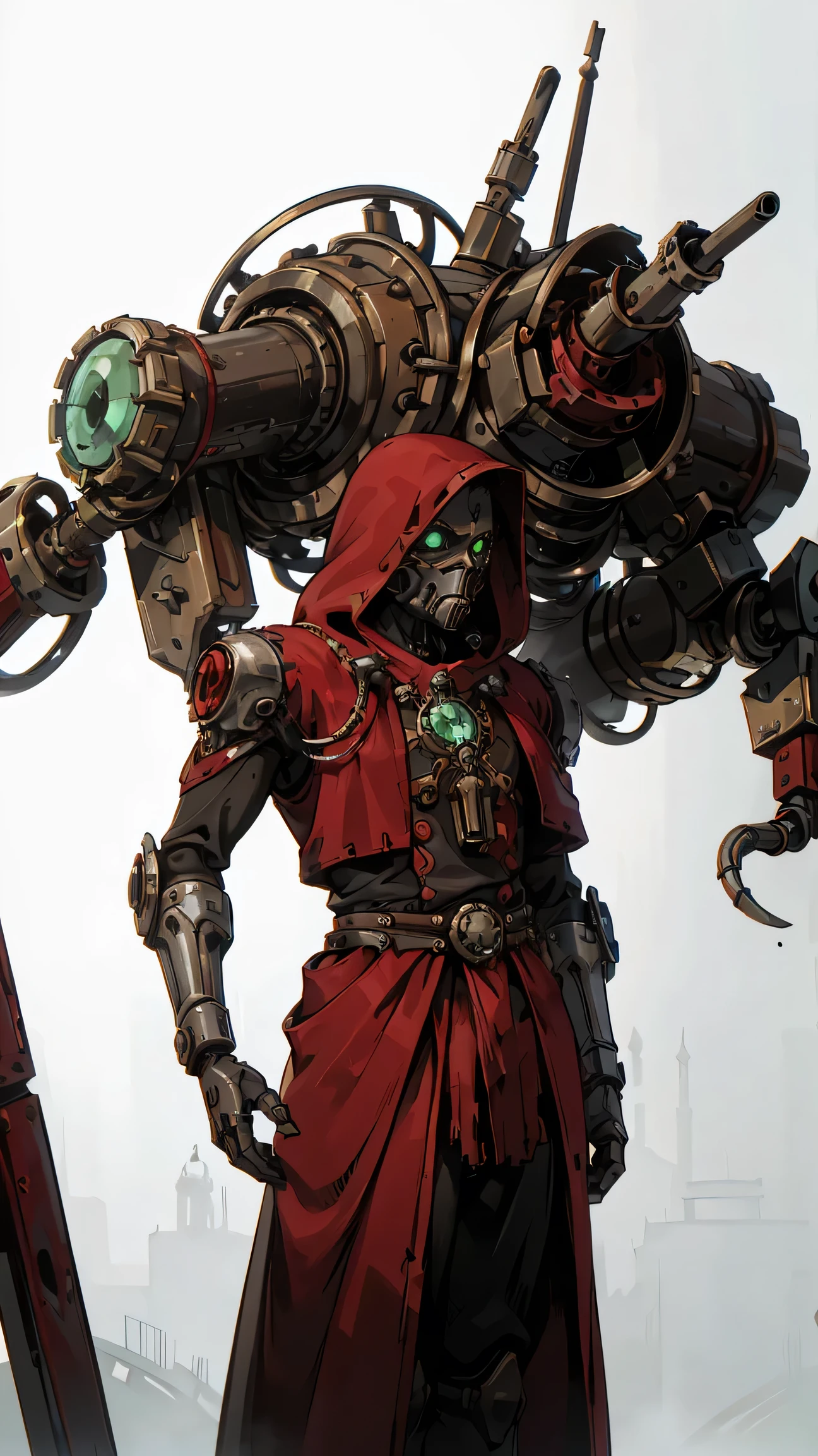 frontal view of an adeptus mechanicus robotic techno-priest, multiple arms, washed up red flowing modest ornate hooded techno-priest robes (made from black circuit board), face-covered, techno-mask, mechanical tentacle arm, mechanical green eyes, half skull, cogs, rust, dirty red robes, asymetrical body, respirator, massive backpak, 8k, lot of detail, grimdark, MechanicusStyleAI, (((((upper body portrait)), male, frontal view, plain white background, standing)))