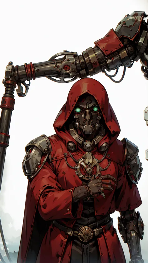 frontal view of an adeptus mechanicus robotic techno-priest, multiple arms, washed up red flowing modest ornate hooded techno-pr...