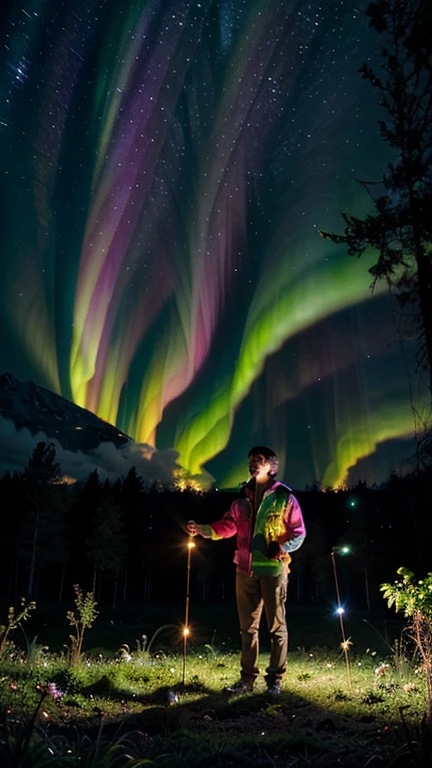 In the heart of an enchanted forest, a young man is immersed in a vibrant and surreal psychedelic setting. In the clouds the acronyms "PDQMG". The surrounding trees are a deep, iridescent green, their leaves in shades of blue and purple that seem to glow and pulse with an energy of their own. The tree trunks are decorated with intricate, luminescent patterns, as if covered in filigrees of light.

The young man, with loose hair and an expression of wonder, is dressed in fluid clothes that mix neon colors and psychedelic patterns. Your path seems to merge with the environment, reflecting and refracting the lights and cores around you. He is standing on a carpet of moss that glows with shades of pink and orange, and exotic flowers in fluorescent colors emerge from the ground, moving softly as if dancing to the beat of invisible music.

The sky above is an explosion of nuclei, with nebulae of purple, pink and blue intertwining, creating an aurora borealis effect that stretches between the treetops. Colorful rays of light pass through the leaves, creating kaleidoscopic patterns that move and transform every moment.

The young man looks up, eyes wide with fascination, as small luminous particles float around him, as if stars were falling within the forest. The atmosphere is one of pure magic and surrealism, with every element of the forest contributing to an environment that feels both dreamlike and transcendent, where reality dissolves into a symphony of color and light.