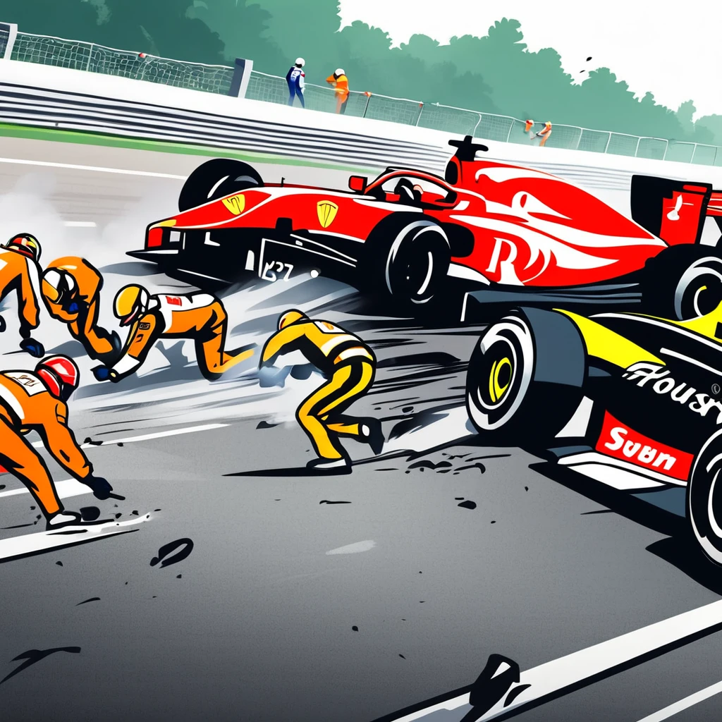 Formula 1 winner comes to the finish line. He is greeted with champagne. An animated movie