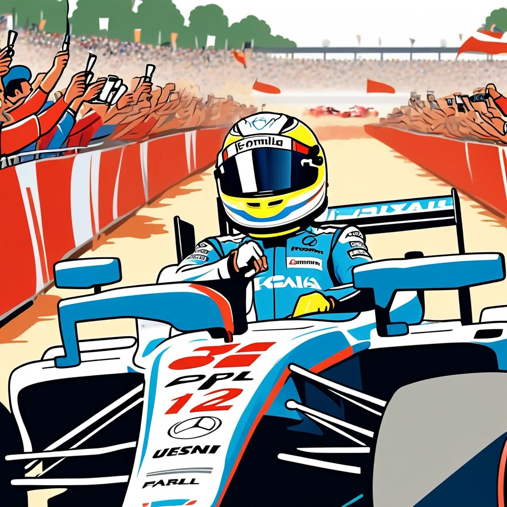 Formula 1 winner comes to the finish line. He is greeted with champagne. An animated movie