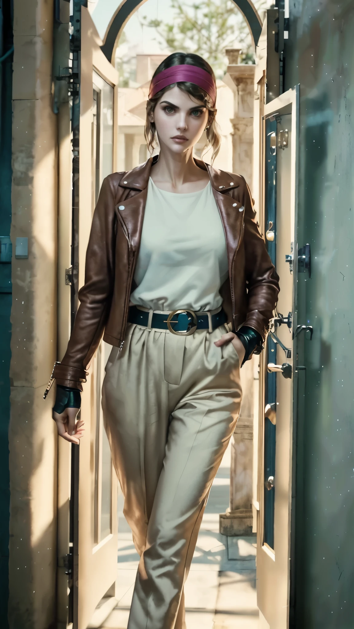 (masterpiece:1.2, best quality:1.2, extremely delicate:1.2), ((Alexandra Daddario:1.2)), a young women with short purple hair, side-parted bangs, wearing a headband, a determined gaze, a serious expression, a futuristic fantasy-style leather jacket featuring multiple ring designs, a belt with a large circular buckle, matching pants, leather fingerless gloves, the background features a complex futuristic fantasy-style street, this character embodies a finely crafted futuristic fantasy-style street fighter in anime style, exquisite photography, Photo realism, photorealistic, perfect skin, dramatic, high definition, highres, ultra-detailed, ultra-fine painting, professional, perfect body proportions, golden ratio, anatomically correct, symmetrical face, extremely detailed eyes and face, high quality eyes, creativity, RAW photo, UHD, 32k, Natural light, cinematic lighting, (masterpiece-anatomy-perfect:1.2)