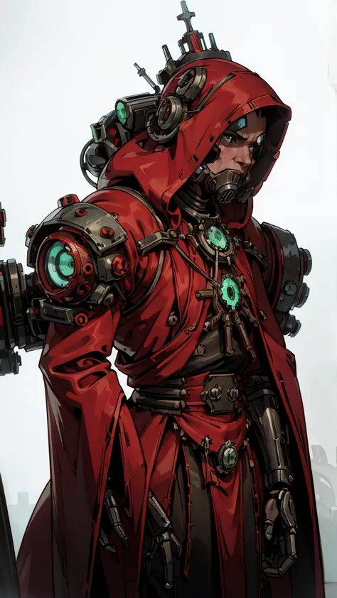 frontal view of an adeptus mechanicus robotic techno-priest, multiple arms, washed up red flowing modest ornate hooded techno-pr...