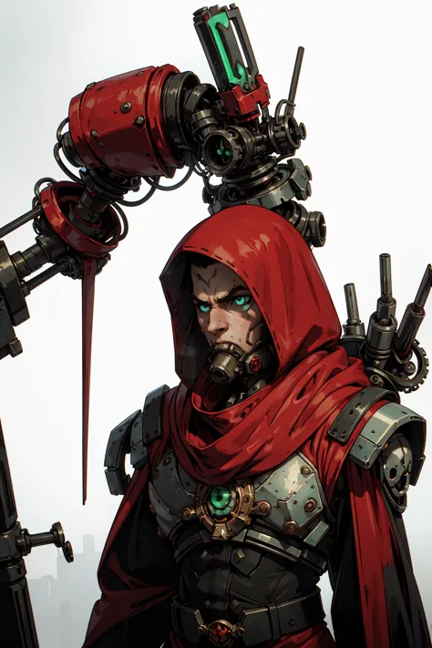 frontal view of an adeptus mechanicus robotic techno-priest, multiple arms, washed up red flowing modest ornate hooded techno-pr...