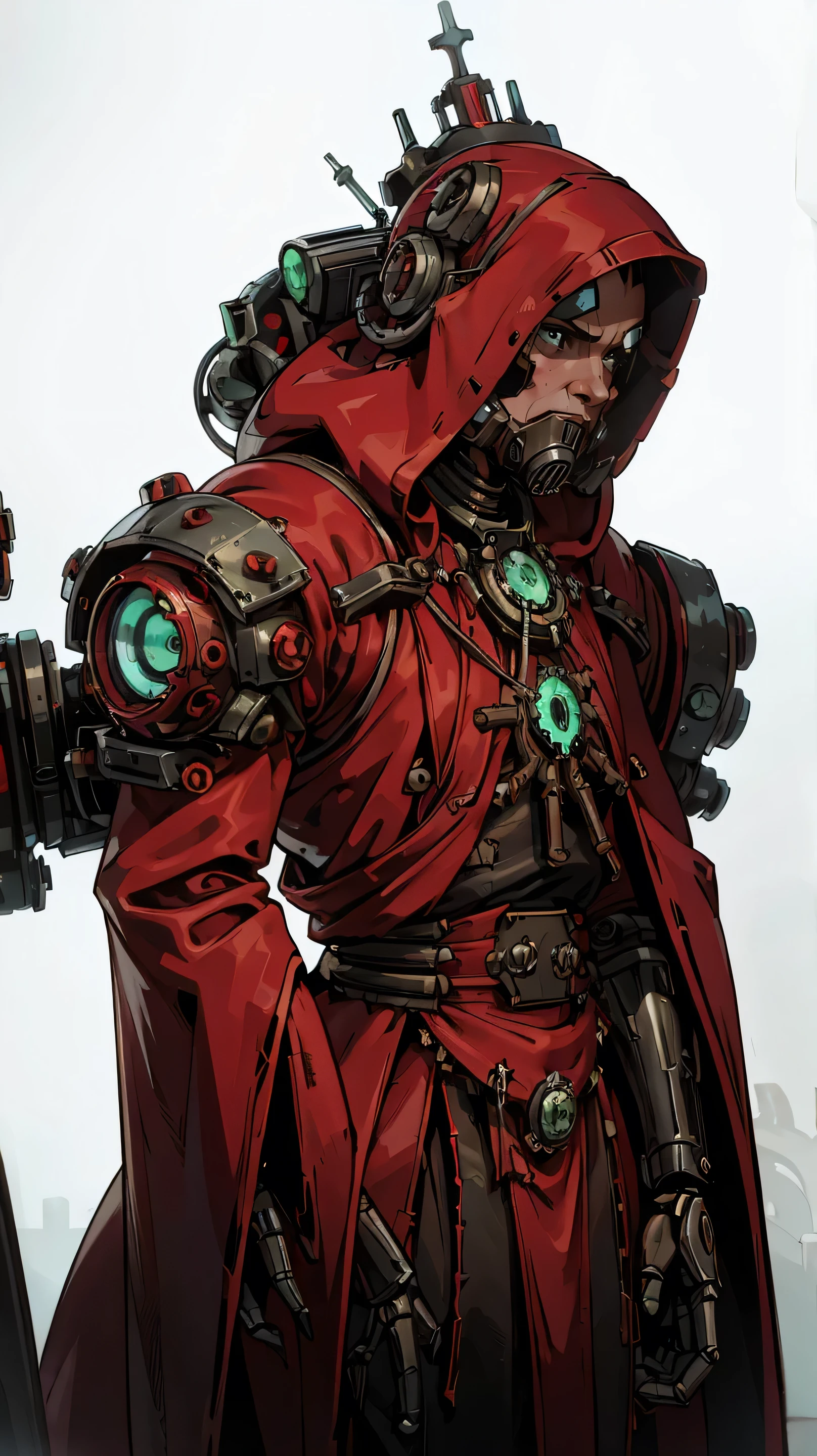 frontal view of an adeptus mechanicus robotic techno-priest, multiple arms, washed up red flowing modest ornate hooded techno-priest robes (made from black circuit board), face-covered, techno-mask, mechanical tentacle arm, mechanical green eyes, half skull, cogs, rust, dirty red robes, asymetrical body, respirator, massive backpak, 8k, lot of detail, grimdark, MechanicusStyleAI, (((((upper body portrait)), male, frontal view, plain white background, standing)))