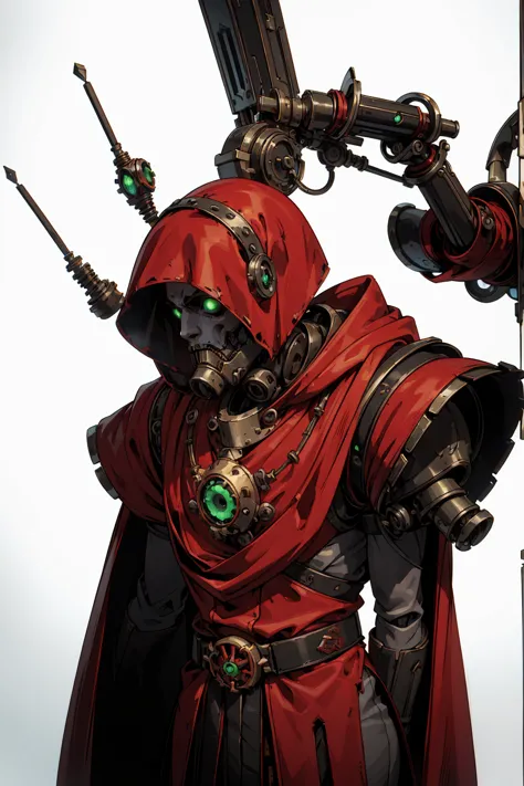 frontal view of an adeptus mechanicus robotic techno-priest, multiple arms, washed up red flowing modest ornate hooded techno-pr...