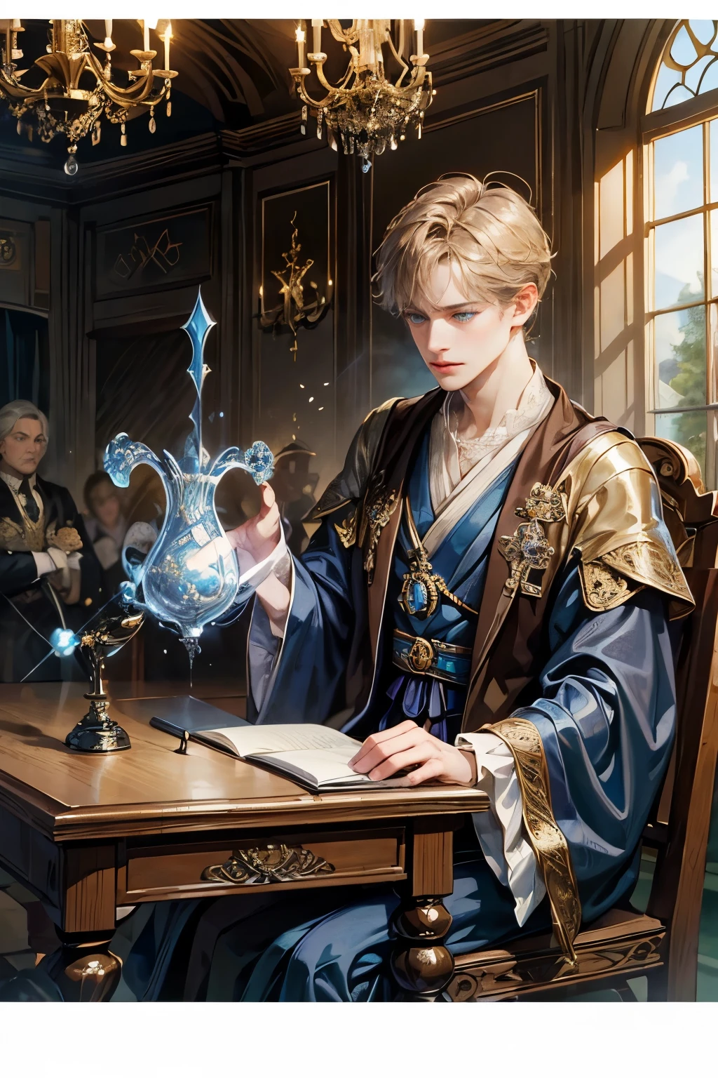 (masterpiece), best quality, Expressive eyes, 18th century European men，magic師，wizard, Blue robe , Light brown hair，(Light hair),blue eyes，Bright Eyes，Thin lips，clever，Narrow shoulders, , short hair, curious, magic, Sitting at the desk, read.