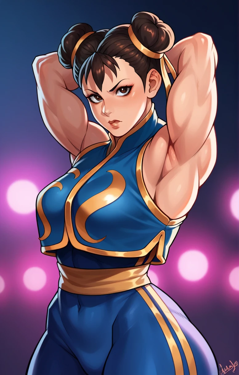 Iconic Street Fighter fighter Chun Li strikes a dynamic pose. The highlight is her striking traditional blue outfit, with gold detailing and intricate embroidery. Her dark hair, tied back in two high buns, enhances her determined expression. The background features a vibrant contrast with an urban atmosphere filled with color, bright lights, and dramatic shadows. Be sure to capture the intensity of her gaze and the fluidity of her movements, as the lighting highlights the saturated colors and nuances of her outfit, creating a striking and visually captivating image.