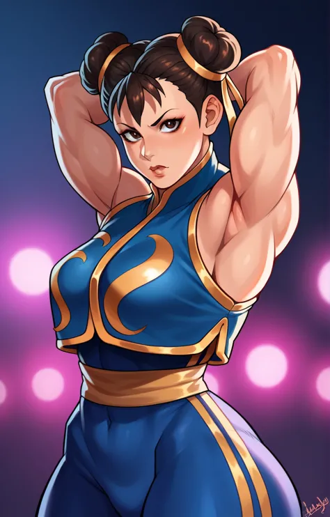 iconic street fighter fighter chun li strikes a dynamic pose. the highlight is her striking traditional blue outfit, with gold d...