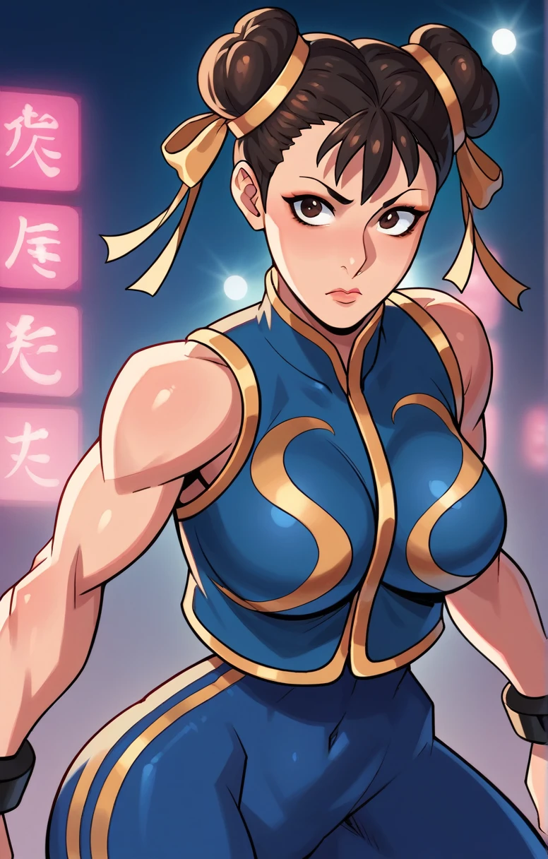 Iconic Street Fighter fighter Chun Li strikes a dynamic pose, backwards. The highlight is her striking traditional blue outfit, with gold detailing and intricate embroidery. Her dark hair, tied back in two high buns, enhances her determined expression. The background features a vibrant contrast with an urban atmosphere filled with color, bright lights, and dramatic shadows. Be sure to capture the intensity of her gaze and the fluidity of her movements, as the lighting highlights the saturated colors and nuances of her outfit, creating a striking and visually captivating image.