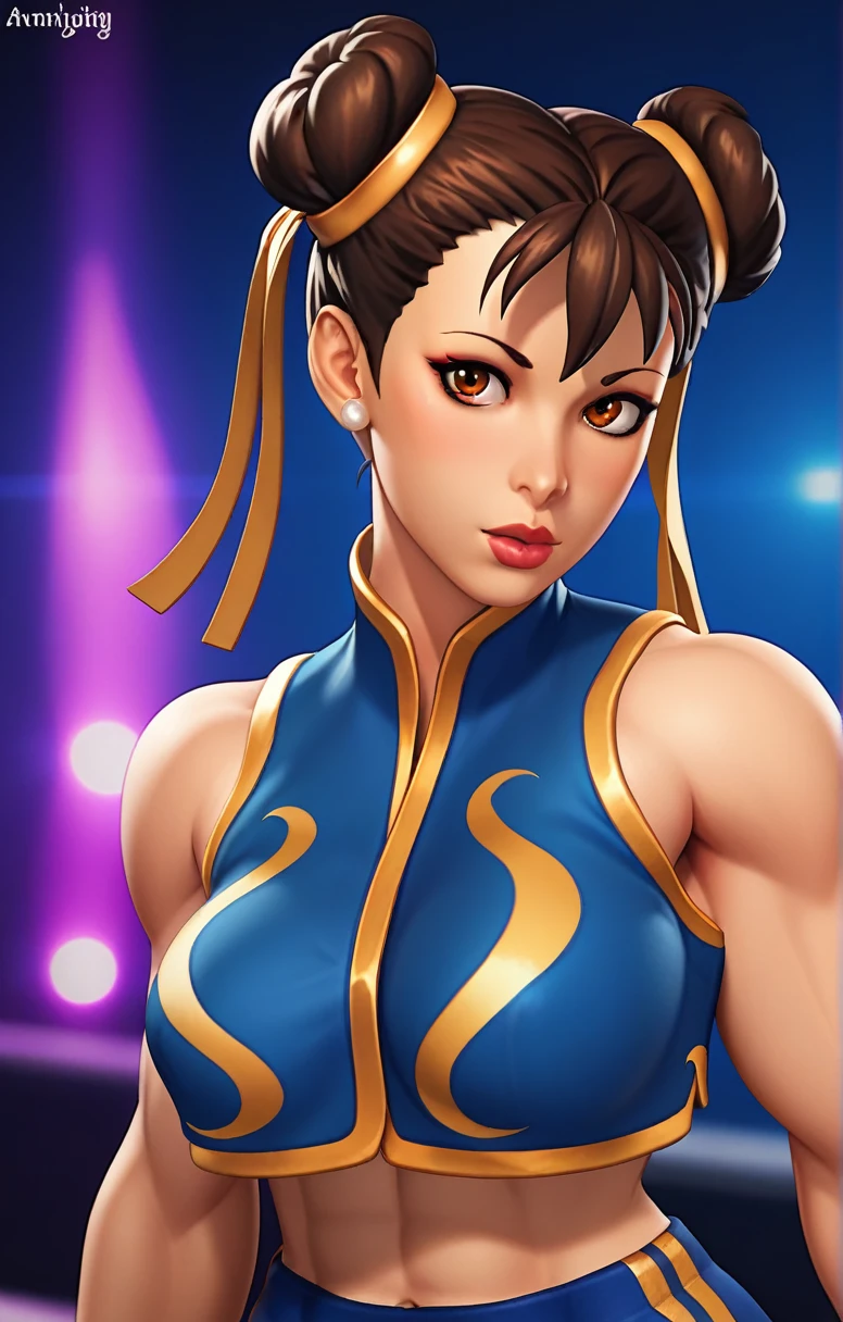 Iconic Street Fighter fighter Chun Li strikes a dynamic pose, backwards. The highlight is her striking traditional blue outfit, with gold detailing and intricate embroidery. Her dark hair, tied back in two high buns, enhances her determined expression. The background features a vibrant contrast with an urban atmosphere filled with color, bright lights, and dramatic shadows. Be sure to capture the intensity of her gaze and the fluidity of her movements, as the lighting highlights the saturated colors and nuances of her outfit, creating a striking and visually captivating image.