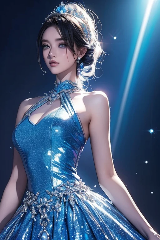 Upper Body、pearl、Platinum、Beautiful woman in blue dress, Background Diverse Punk, Cool Beauty, Glamorous proportions, (Super detailed, The absolute solution, Highest quality:1.3), 2.5D, Subtle and dynamic effects, Rainbow lighting effect, Artistic photography, Ultra-realistic