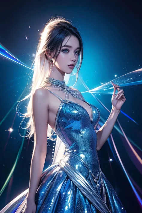 upper body、pearl、platinum、beautiful woman in blue dress, background diverse punk, cool beauty, glamorous proportions, (super det...