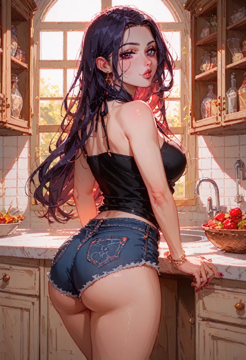 Masterpiece, raw, beautiful art, professional artist, 8k, very detailed face, very detailed hair, 1girl, Raven wearing tight pajama shorts and tight pajama halter top, leaning her sexy ass against kitchen counter, perfectly drawn body, beautiful face, long hair, very detailed eyes, doing slutty face, rosey cheeks, intricate details in eyes, looking straight at viewer , in love with viewer expression, puckered lips, fat ass,
