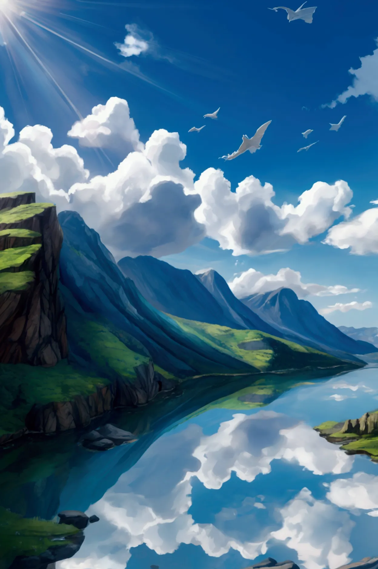 dragons flying in the blue sky, with shiny scales reflecting the sunlight, clouds around, green mountains in the background