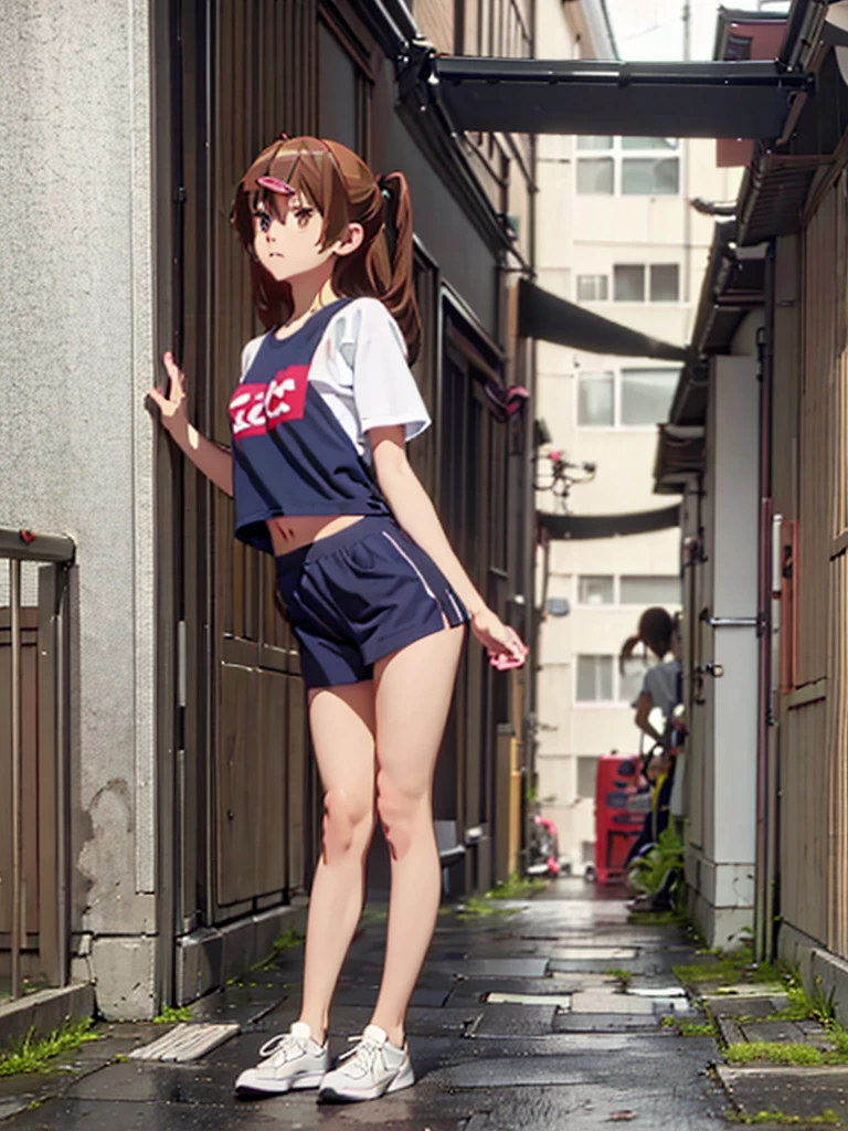 Girl, thong ,t-shirt, No pants, Bare breasts, chest visible, street  background, Narrow passage between houses, night, rain, slim body, In full growth, Sneakers , small breast, Stands with his back 