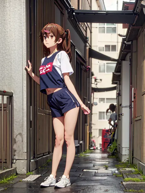 girl, thong ,t-shirt, no pants, bare breasts, chest visible, street  background, narrow passage between houses, night, rain, sli...