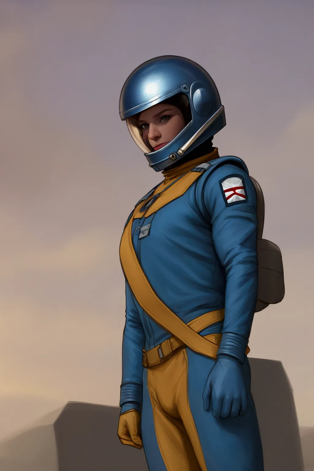 creates an astronaut in a blue uniform, shiny helmet and a spaceship in your backyard