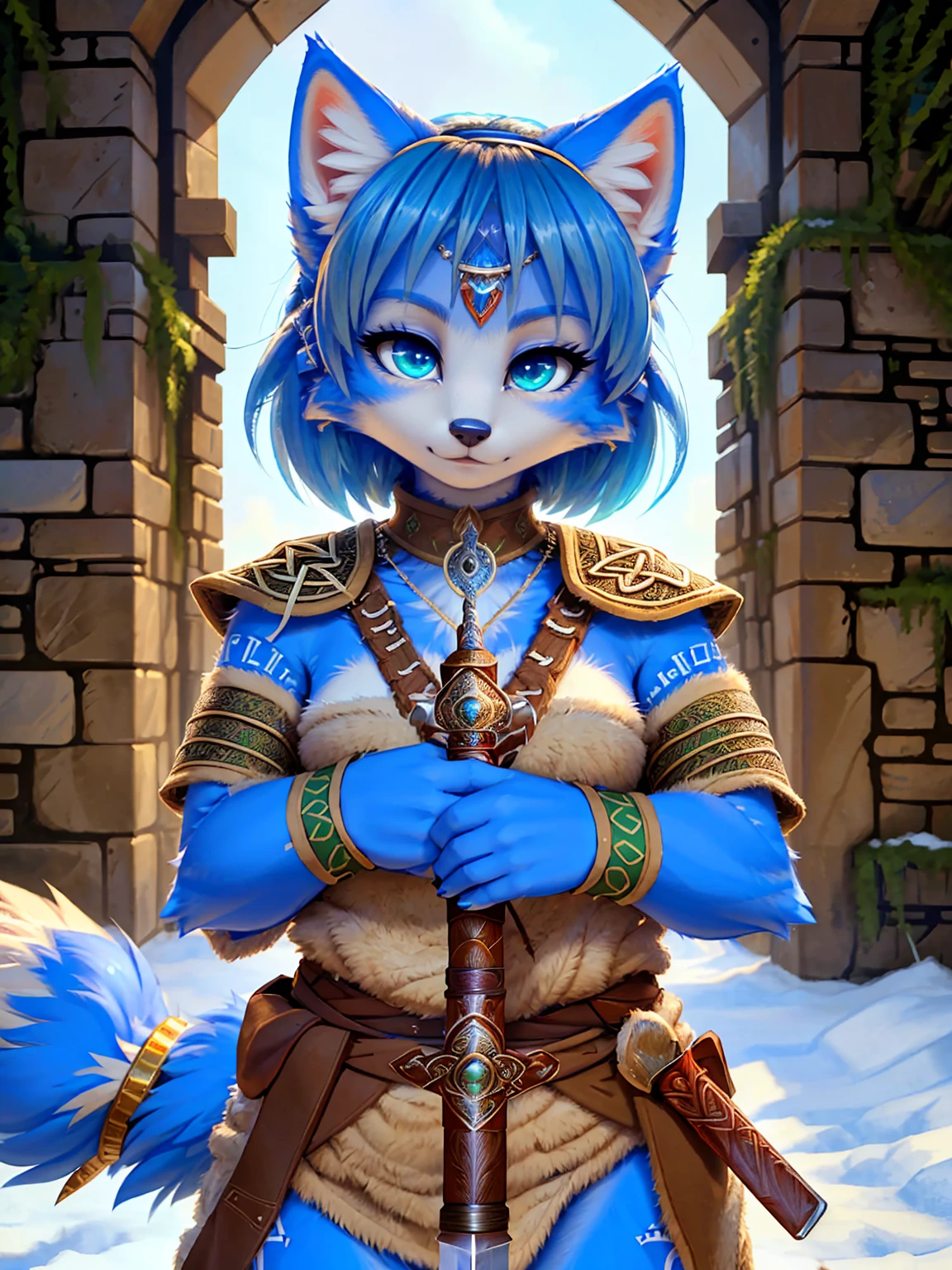 a picture of ((krystal)), Star Fox krystal, lovable, green eyes, medium breasts, (((Long blue hair 1.3))), Decollete, anthro, furry, Uploaded E621, detailed fluffys fell, (von Fluff-Kevlar, Bayard Wu, Pino Daeni), detailed face, (fluffy), 1 girl, alone, sweet girl, alone, ((​masterpiece, highest quality, Highest image quality, High resolution, photorealestic, RAW-Foto, 8k)), wavy medium length haircut, Fur all over the body,Looking for a cock, standing in the winter foAuflösungt, (((Wears Celtic medieval warrior clothing))) ,(((holding sword))) , (((complete outfit))), (((ready for battle))), secure content, ((High quality)),