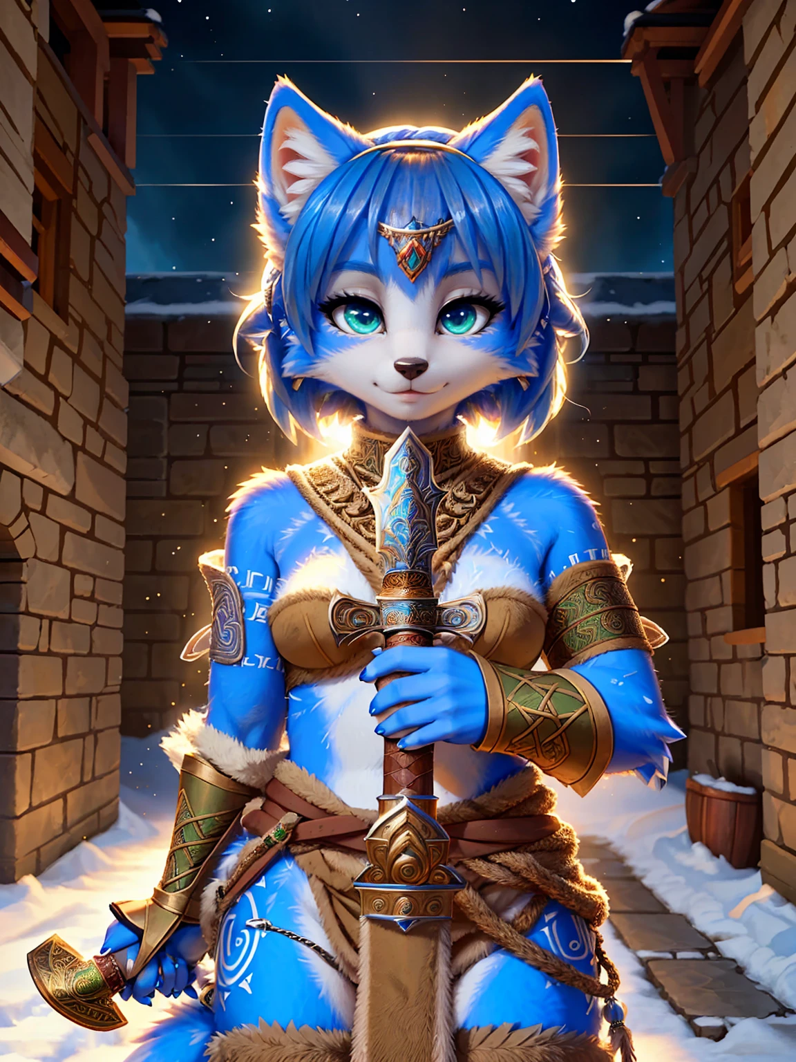 a picture of ((krystal)), Star Fox krystal, lovable, green eyes, medium breasts, (((Long blue hair 1.3))), Decollete, anthro, furry, Uploaded E621, detailed fluffys fell, (von Fluff-Kevlar, Bayard Wu, Pino Daeni), detailed face, (fluffy), 1 girl, alone, sweet girl, alone, ((​masterpiece, highest quality, Highest image quality, High resolution, photorealestic, RAW-Foto, 8k)), wavy medium length haircut, Fur all over the body,Looking for a cock, standing in the winter foAuflösungt, (((Wears Celtic medieval warrior clothing))) ,(((holding sword))) , (((complete outfit))), (((ready for battle))), secure content, ((High quality)),