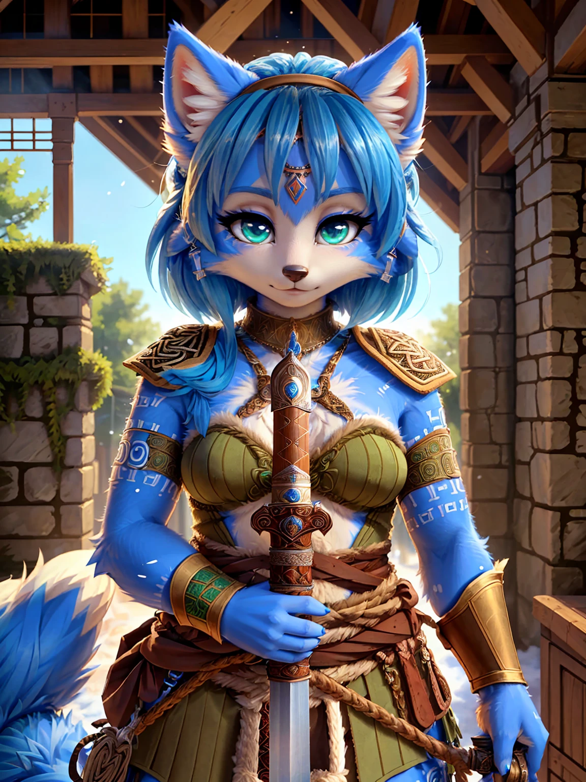 a picture of ((krystal)), Star Fox krystal, lovable, green eyes, medium breasts, (((Long blue hair 1.3))), Decollete, anthro, furry, Uploaded E621, detailed fluffys fell, (von Fluff-Kevlar, Bayard Wu, Pino Daeni), detailed face, (fluffy), 1 girl, alone, sweet girl, alone, ((​masterpiece, highest quality, Highest image quality, High resolution, photorealestic, RAW-Foto, 8k)), wavy medium length haircut, Fur all over the body,Looking for a cock, standing in the winter foAuflösungt, (((Wears Celtic medieval warrior clothing))) ,(((holding sword))) , (((complete outfit))), (((ready for battle))), secure content, ((High quality)),