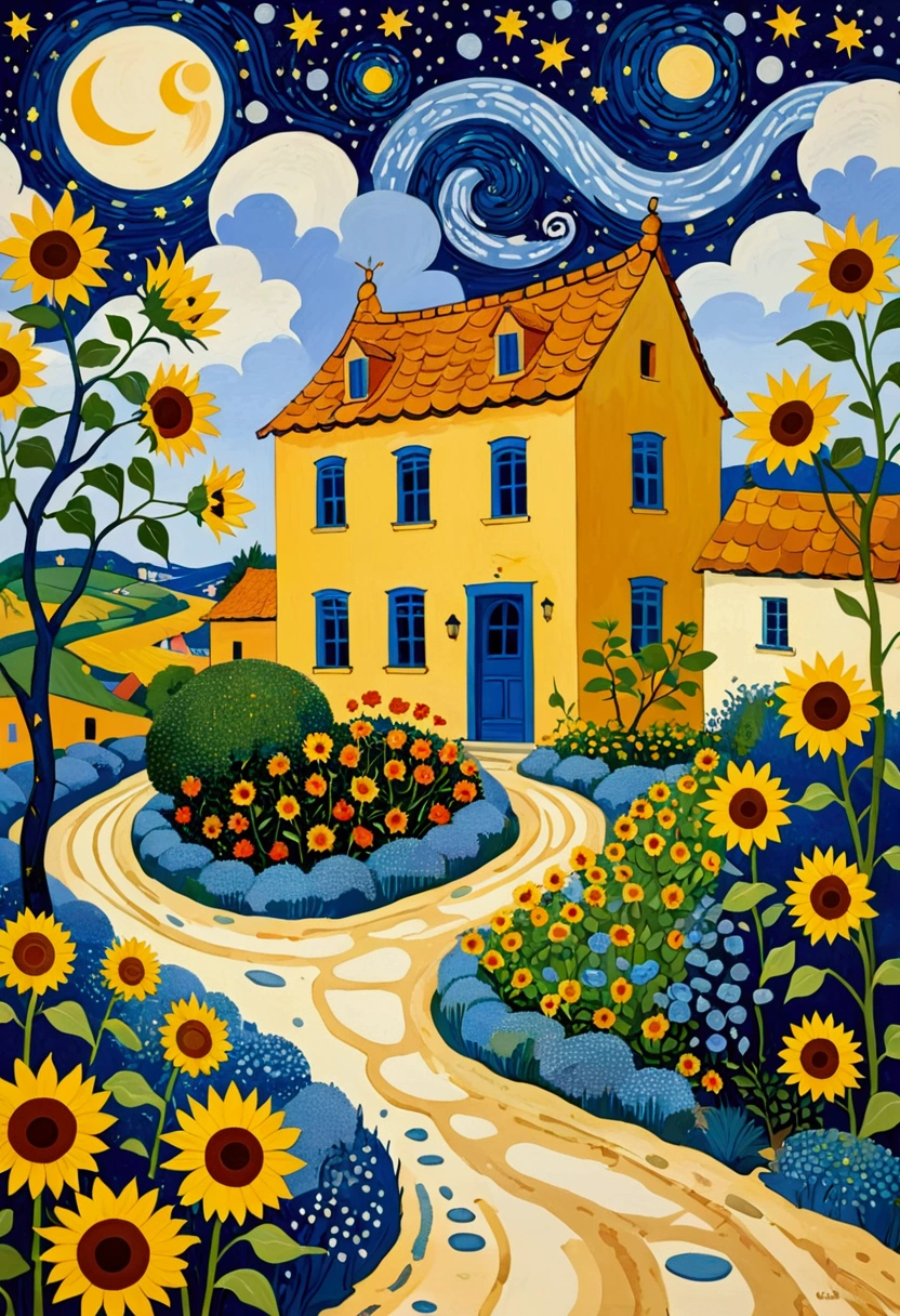 2d，flat，Cloisonne enamel，Chinese style，modern-art，Fine-brush Painting，Chinese aesthetics，Printing pattern，Color ink，Polka dot art，((Dot：1.9))，Freehand，artistic conception，Wu Guanzhong&#39;s artistic style，Minimalism，waves in beach  background garden sunflowers in road .Birch tree close-up，Elegant and soft tones，author：Camille Bombois, author Jean Hey, Paul Signac (Paul Signac) of inspiration, Inspired by Maurice Denis, Inspired by Michel Delacroix, starry night, inspired author：Camille Bombois, In starry night, Inspired by Georges Lacombe, author Pierre Roy, Inspired by Marianne von Werefkin
