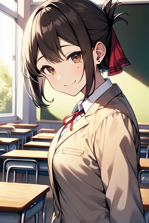 masterpiece, super details, best quality, babe, school blazer uniform, brown hair, foldedponytail, hair ribbon, smile, mole, classroom