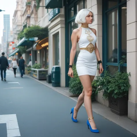 blue and white outfit with gold accents, short dress, white hair accessories, black wristbands, blue high heels, walking with co...